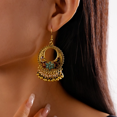 Pendientes Colgantes Vintage Étnicos Flor Hueca Redonda Aleación Esmalte Borla Cuentas Metal Para Mujeres