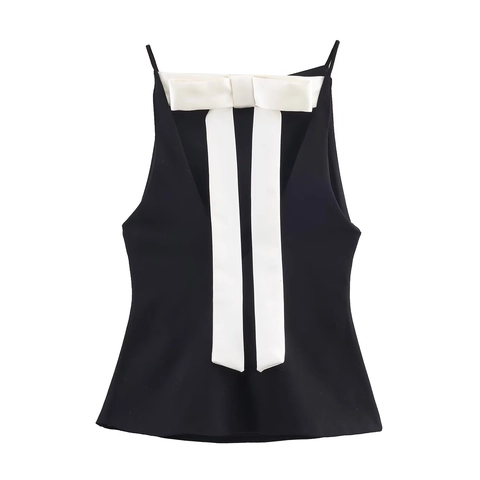 Women Sleeveless Cami Top Polyester Slim Fit Back Big Bow Spaghetti Strap Solid Black Casual Fashion Streetwear