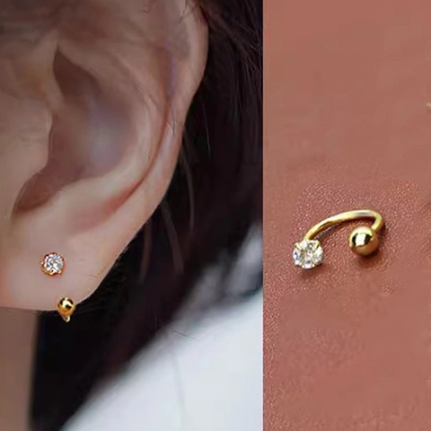 Stainless Steel Gold Plated C Shaped Zircon Stud Earrings Screw Back Cartilage Piercing Jewelry For Women