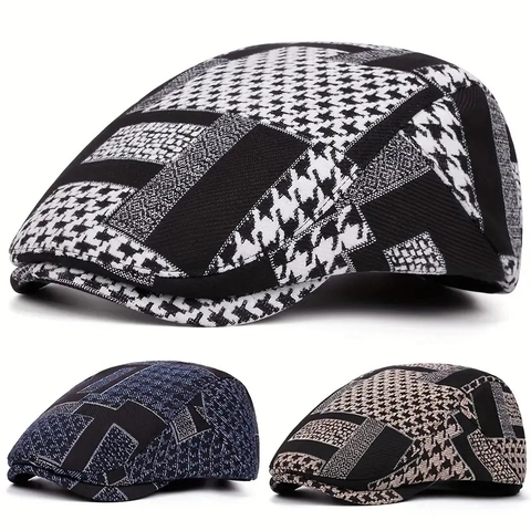 Vintage Houndstooth Flat Cap British Style Patchwork Ivy Hat Cotton Blend Warm Newsboy Cap For Men Women Autumn Winter