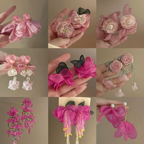 Stoffen Bloem Oorbellen Met 925 Sterling Zilveren Oorsteker Kunstparel Kraal Kwastje Hart Drop Zoete Fee Stijl Sieraden