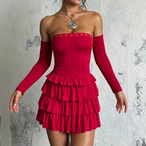 Off Shoulder Mini Dress And Separate Long Sleeves Tiered Ruffle Eyelet Grommet Slim Fit Knit Sexy Party Clubwear
