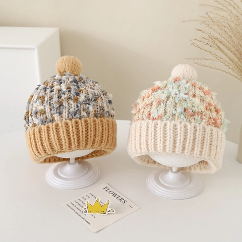 Kinderen Winter Gebreide Muts Beanie Met Pompon Gemengde Kleur Warme Gehaakte Muts Voor Jongens Meisjes Kleuters