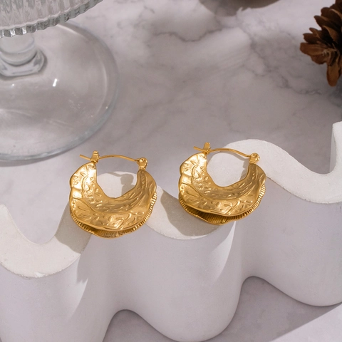 Hammered Texture Irregular Hoop Earrings Gold Plated Stainless Steel Geometric Leaf Organic Retro Ear Buckle For Women