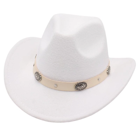 Western Cowboy Hat Wool Felt Wide Brim Vintage Fedora With Faux Leather Belt Metal Conchos For Women Men Sunshade