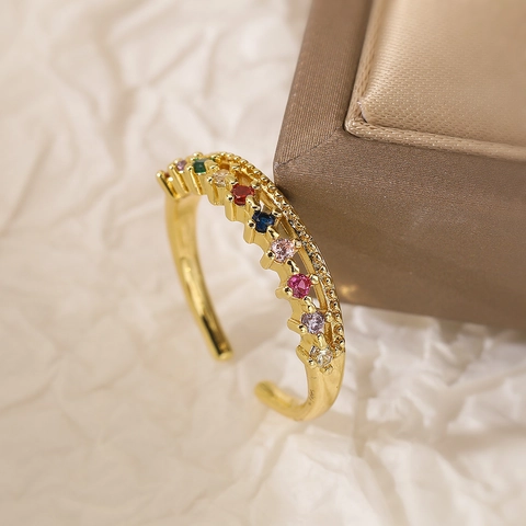 Offener Verstellbarer Ring Kupfer Vergoldet Mit Bunten Zirkonia Krone Herz Geometrischer Modeschmuck Für Damen