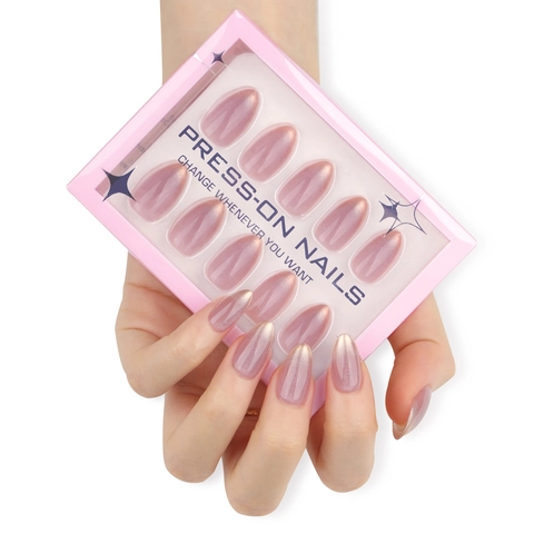 Press On Nails French Gradient Pearlescent Gold Glitter Almond Shape Short Simple Manicure For Women