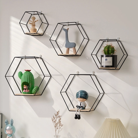 Wall Mounted Floating Shelves Hexagon Iron Wood Storage Racks Nordic Minimalist Geometric Decor Living Room Bedroom Organizer