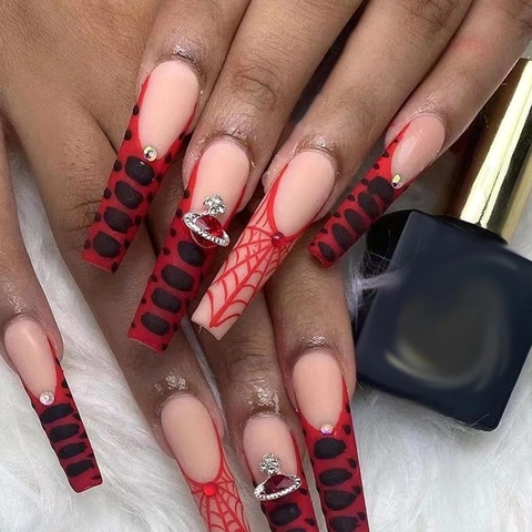 Uñas Postizas Ataúd Extra Largas Halloween Telaraña Leopardo Rojo Negro Acrílico Con Corazón De Aleación Diamantes De Imitación