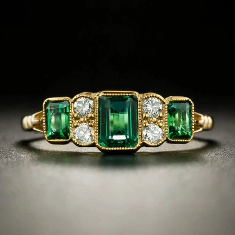 Vintage Retro Smaragdschliff Grüner Zirkon Ring Kupfer Vergoldet Royaler Palast Stil Art Deco Statement Schmuck Für Damen