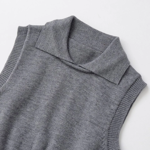 Gilet In Maglia Donna Collo Polo Maglione Senza Maniche Bordo A Costine Top Casual Chic Grigio Poliestere