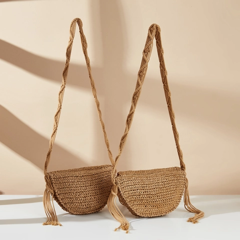 Handgefertigte Gewebte Papierstroh Umhängetasche Mit Häkelblumenstickerei Und Quasten Böhmische Sommer Strand Schultertasche