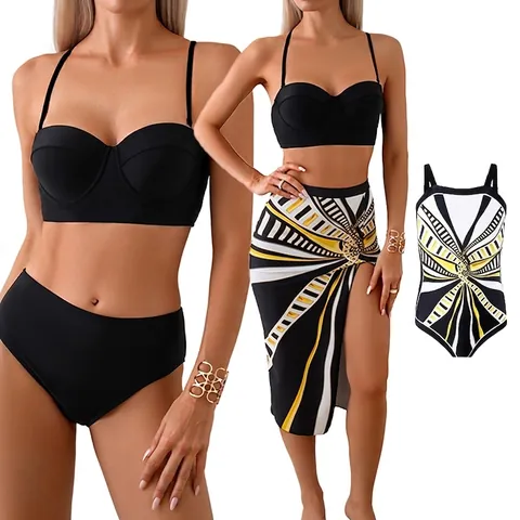 Women Underwire Bikini Printed High Waist Swimsuit With Cover Up Skirt Parent Child Matching Beachwear Polyester