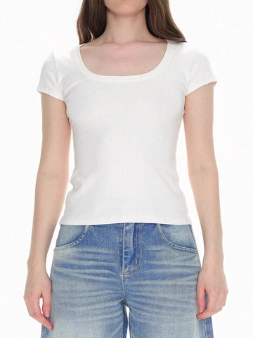 Women Cotton Spandex Ribbed T-Shirt U Neck Short Sleeve Stretchy Slim Fit Retro American Basic Solid Color Casual Top