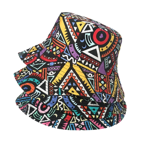Bucket Hat Reversible Polyester Geometric Diamond Tribal Print Sun Protection Streetwear Retro Foldable Casual Unisex