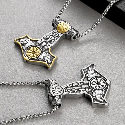 Thor Hammer Pendant Necklace Stainless Steel Viking Mjolnir Wolf Vegvisir Compass Punk Jewelry For Men