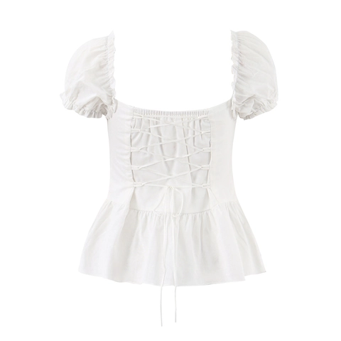 Blusa Bianca Da Donna Maniche A Sbuffo Scollo Quadrato Schiena Stringata Orlo Con Volant Ricamo Rosa Stile Milkmaid Francese