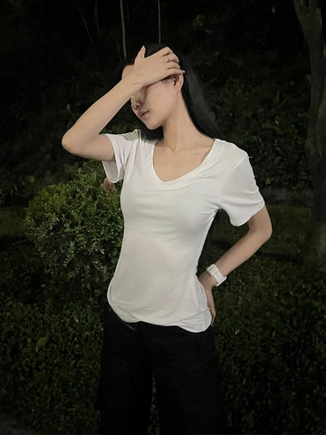 Women Slim Fit V Neck Short Sleeve T Shirt Viscose Spandex Basic Solid Color Summer Casual Versatile Daily Minimalist Tops