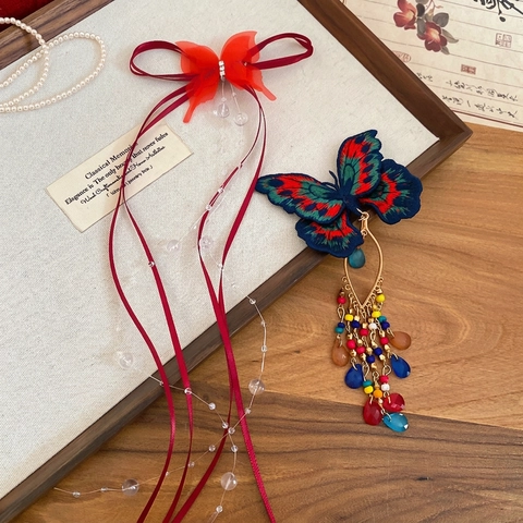 Vlinder Haarclips Met Borduurwerk En Glas Kristal Kralen Kwastje Vintage Neo-Chinese Stijl Eendebek Clips
