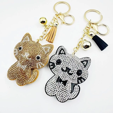 Portachiavi Gatto Animale Strass Ciondolo Per Borsa Con Nappa E Campanellino Lega Regalo Per Donne