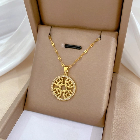 Round Ancient Coin Pendant Necklace Titanium Steel And Brass With Zirconia Sparkling Palace Style Luxury Women