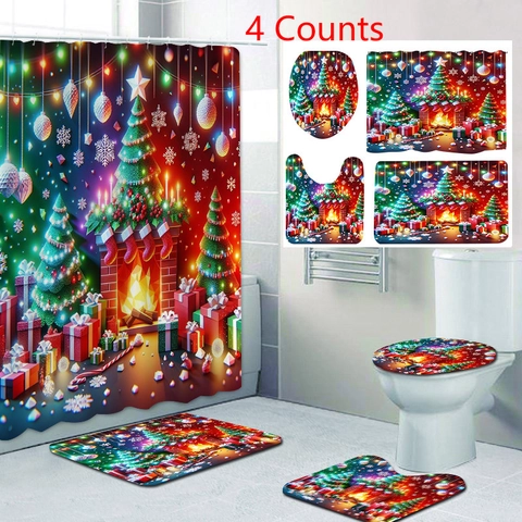 Tenda Da Doccia Per Bagno Di Natale Poliestere Impermeabile Albero Di Natale Festivo Decorazione Per Camino E Tappetini Da Bagno E Copriwater