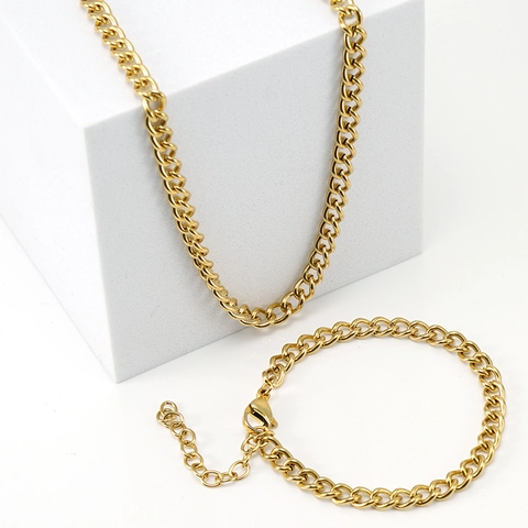 Collier Et Bracelet Maille Cubaine Plaquage Or 18K Acier Inoxydable Bijoux Hip Hop Unisexe Chaîne Élégante