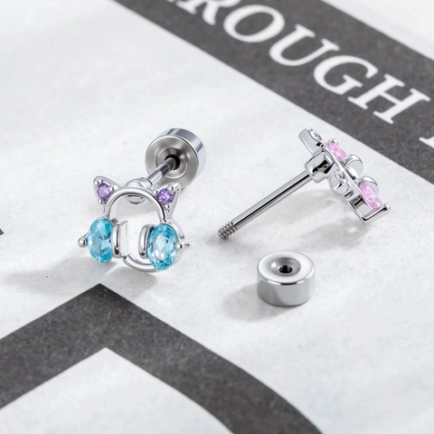 Cat Ear Headphones Cartilage Stud Earring Titanium Steel Copper Zirconia Piercing Jewelry Screw Back Cute Style For Women