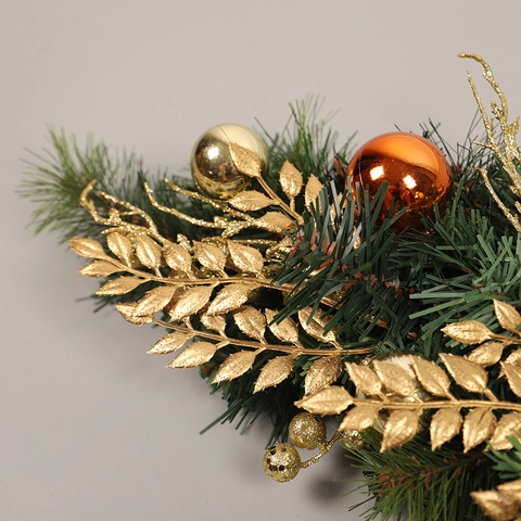 Christmas Teardrop Swag Door Wreath Gold Glitter Bow Artificial Pine Needles Orange Balls Holiday Wall Decor Ornament