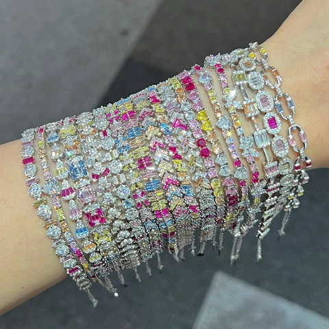 925 Sterling Silver Colorful Zircon Tennis Bracelet Adjustable Sparkly Multi Colored Gemstone Chain Jewelry For Women