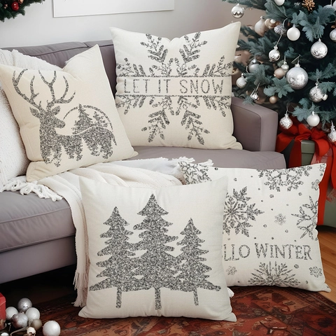 Kerst Kussenslopen Zilveren Glitter Sneeuwvlok Rendier Linnen Kussenhoezen Voor Bank Woondecoratie Winter Vakantie