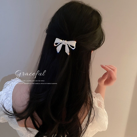 Pince À Cheveux Noeud Künstliche Perle Strass Style Coréen Barrette Élégante Pour Femmes Accessoires De Cheveux Gracieux