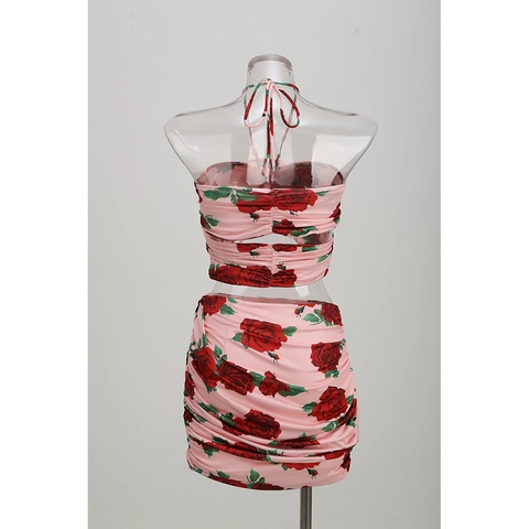 Halter Bandeau Top En Geplooide Mini Rok Met Rozenprint Bloemen Polyester Spandex Sexy Bodycon Clubwear Elegant Roze Rood