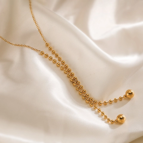 Minimalist Stainless Steel Gold Plated Y Necklace For Women Long Beaded Chain With Dual Ball Pendants Fashion Tassel Necklace Jewelry