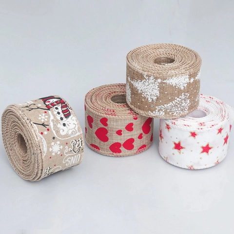 Christmas Faux Burlap Wired Edge Ribbon For Gift Wrapping DIY Craft Decor Rustic Snowman Tree Heart Star Print Festive