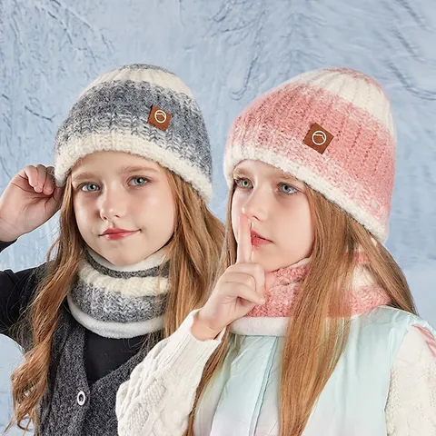 Cappello In Maglia Invernale Per Bambini E Scaldacollo Foderato In Pile A Righe Antivento Protezione Orecchie