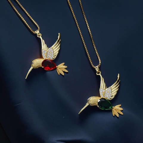 Collana Pendente Colibrì Lega Dorata Con Zirconia Pera Rossa Verde Catena Box Gioielli Animali Per Donna
