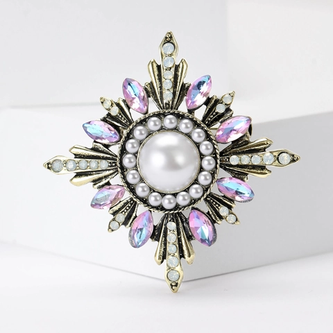 Baroque Starburst Sunflower Brooch Pin Vintage Alloy Rhinestone Artificial Pearl Elegant Corsage Clothing Accessories Jewelry For Women