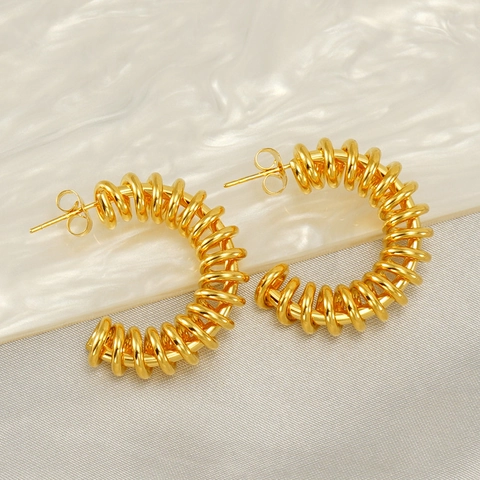 Stainless Steel Hoop Earrings 18K Gold Plated Spiral Spring C Shape Textured Hollow Out Fashion Jewelry For Women