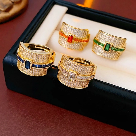 Luxury Wide Band Ring Copper Micro Paved Zircon Rectangle Colorful Gemstone Vintage Adjustable Finger Jewelry For Women