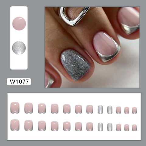 Ψεύτικα Νύχια Ασημί Μεταλλικό Mercury Glitter French Tip Nude Pink Ins Style Cool Girl Μόδα Για Γυναίκες
