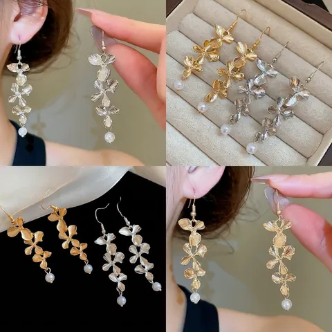 Elegantes Pendientes De Gota De Flor Con Poste De Plata De Ley 925 Pétalos De Metal Cepillado Perla Artificial Colgante Para Mujer