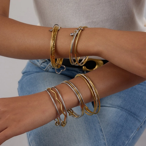 Edelstahl Mehrschichtiger Armreif Für Damen Gold Silber Galvanisiert Geometrisch Rund Strass Stapelbar Mode Schmuck Armreif