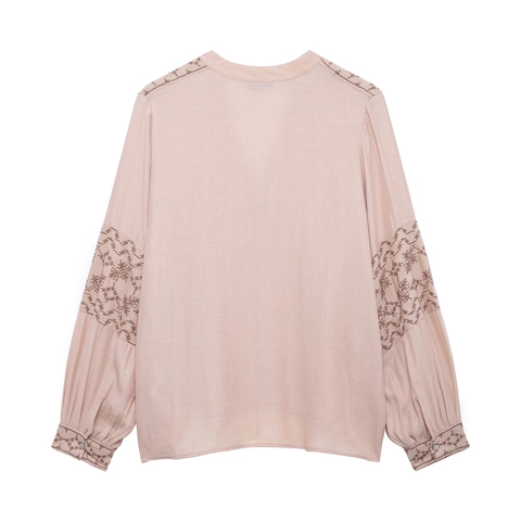 Dames Roze Geborduurde Blouse Met Lange Mouwen V-Hals Vintage Stijl Geplooide Geweven Overhemd Met Knopen Casual Top
