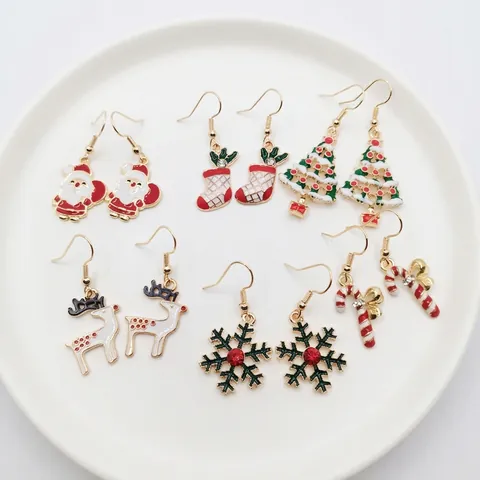 Pendientes Colgantes Navidad Esmalte Aleación Joyería Festiva Papá Noel Reno Árbol Copo De Nieve Bastón De Caramelo