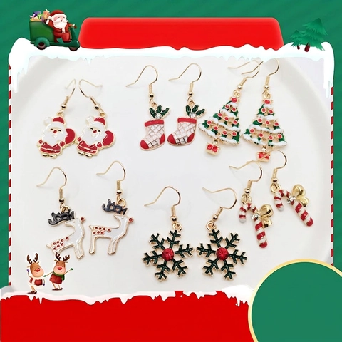 Weihnachts Emaille Hängeohrringe Legierung Festlicher Schmuck Weihnachtsmann Rentier Baum Schneeflocke Zuckerstange