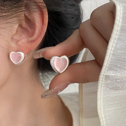 Pink Heart Copper Earrings With 925 Sterling Silver Earring Post Elegant Sweet Korean Style Cat Eye Stone Jewelry For Women