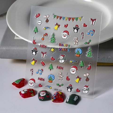 Autocollants Ongles Noël 5D Relief Père Noël Bonhomme De Neige Renne Auto-Adhésif Imperméable Décoration Fête Accessoire