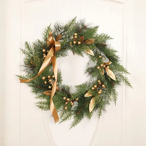 Christmas Wreath Artificial Pine Needle Cypress Golden Berries Ribbon Bow LED Light Front Door Hanging Decor Festive Holiday