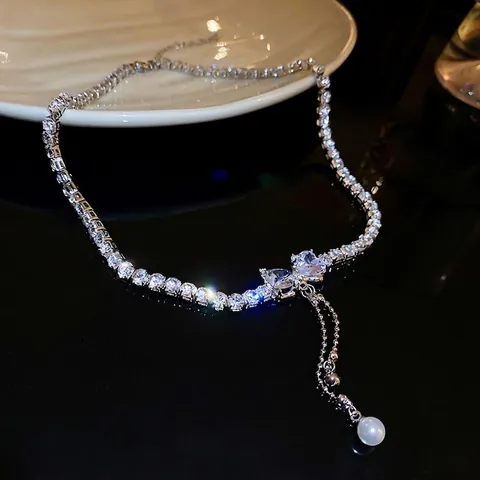 Zirkon Schleife Künstliche Perle Quaste Halskette Kupfer Herz Anhänger Schlüsselbein Kette Elegante Schmuck Für Frauen